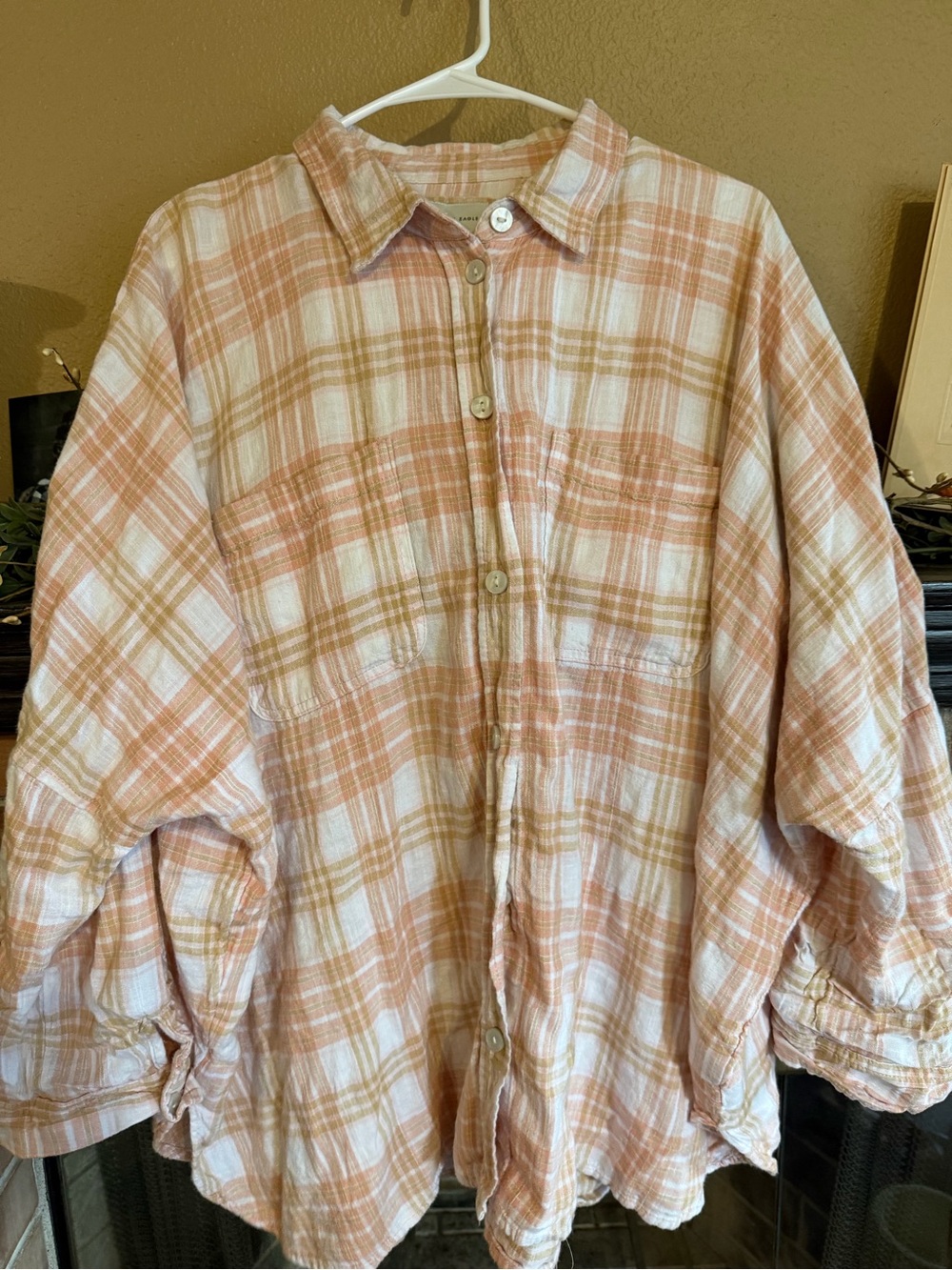 American Eagle Outfitters Peach and White Plaid Button-Down Shirt